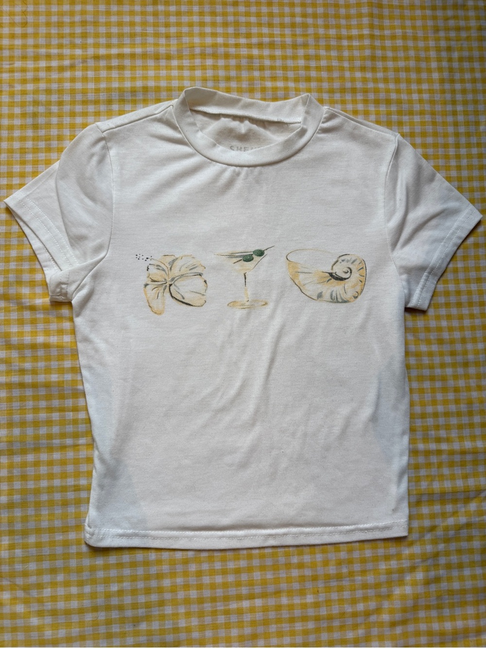 Fitted Baby tee White Short Sleeve with Yellow Graphic